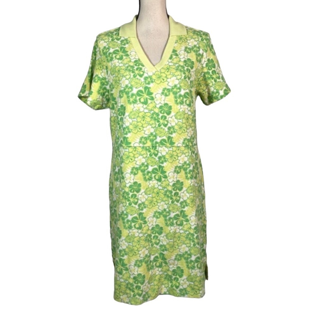 Larkspur Green Floral Notch neckline Short Sleeve Cotton Blend Shift dress M